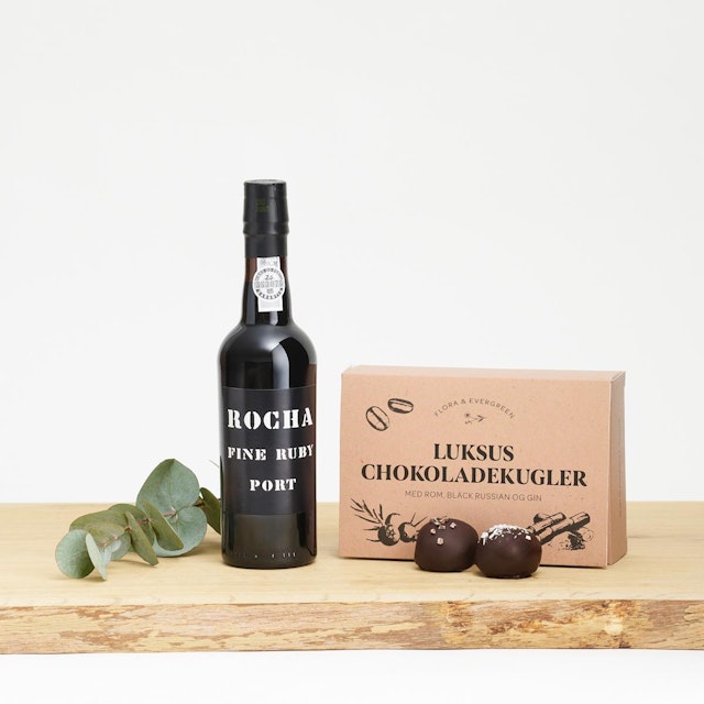  Portvin og Flora og Evergreen luksus chokoladekugler