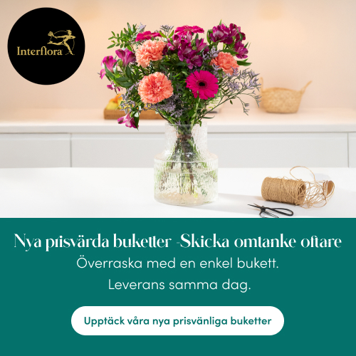 Interflora-annons för prisvänliga buketter med Färgfest – skicka omtanke oftare med leverans samma dag