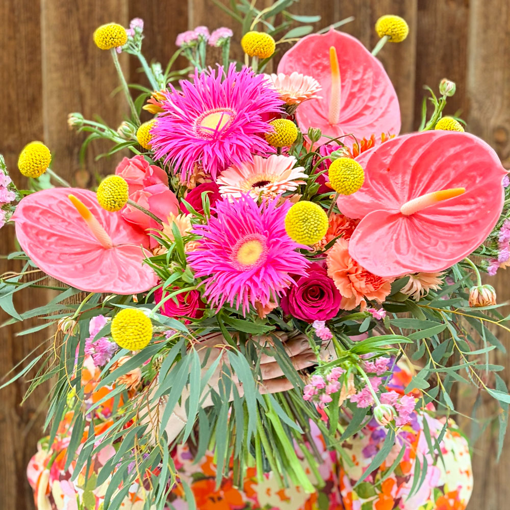 Närbild på anthurium och gerbera i magiska rosa och cerise toner