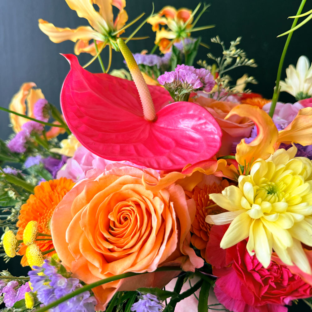 Närbild på vinnarbukett med orange rosor och anthurium i livfulla färger