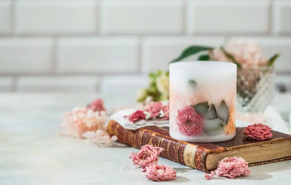 Ett hemmagjort blomsterljus med torkade blommor bredvid en bok, en dekorativ detalj i hemmet