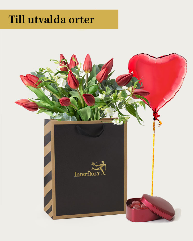 Presentpåse med en vacker blombukett (röda tulpaner, vit alstroemeria och eucalyptus), en ask med röda geléhjärtan och en röd heliumballong (rött hjärta) med tyngd).